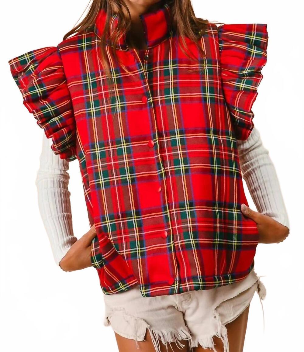 NEW BIBI christmas plaid ruffled puffer vest in red